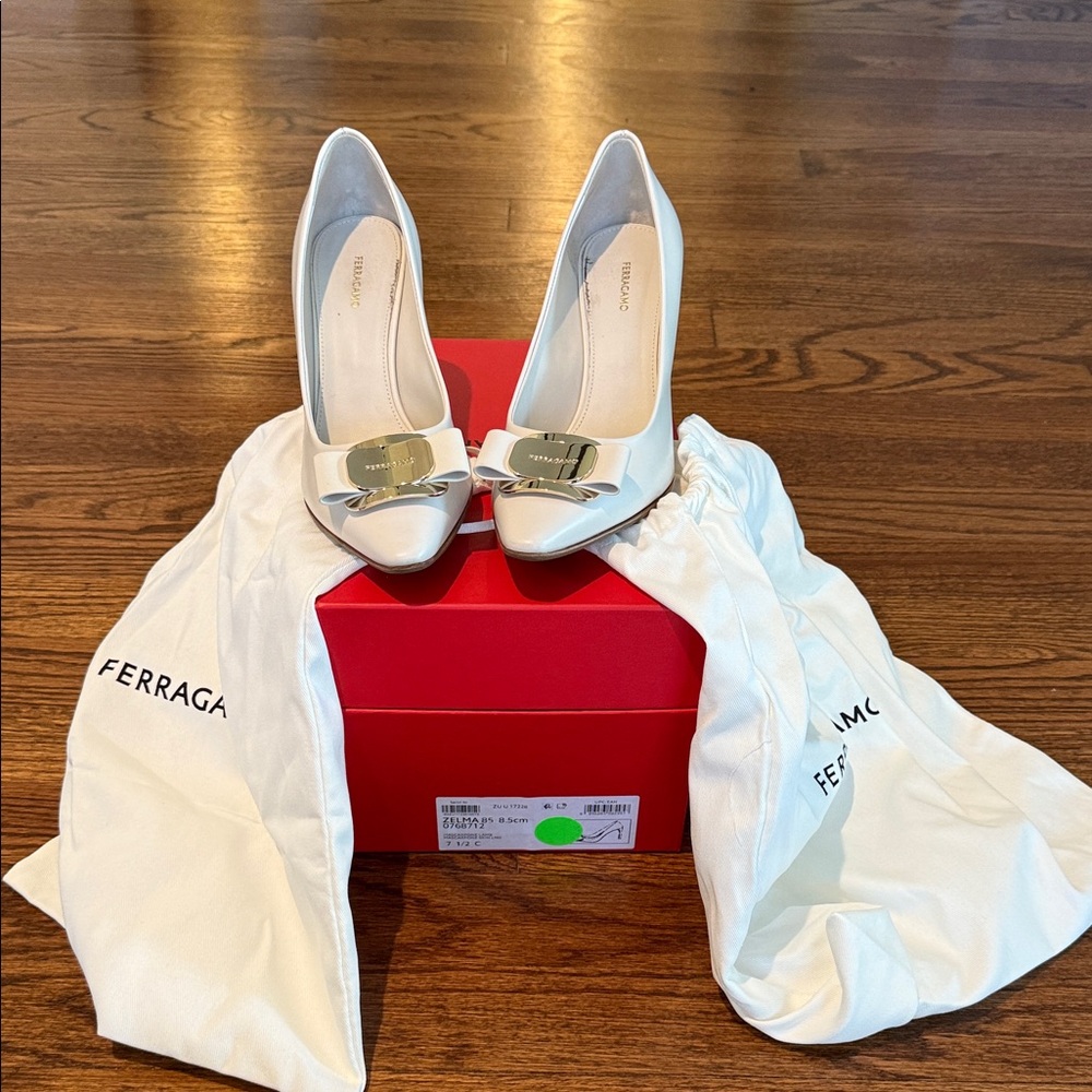 Salvatore Ferragamo White Heels with Gold Accents